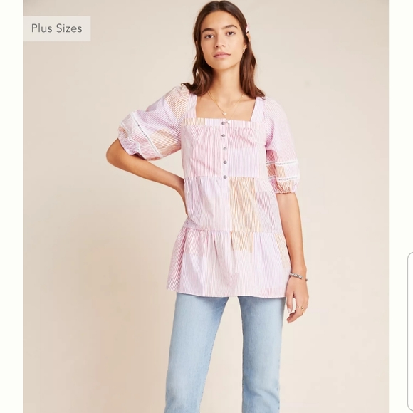 Anthropologie Tops - Anthropologie Gable Tiered Square Neck Puff Sleeve Pink Tunic Top Size S…